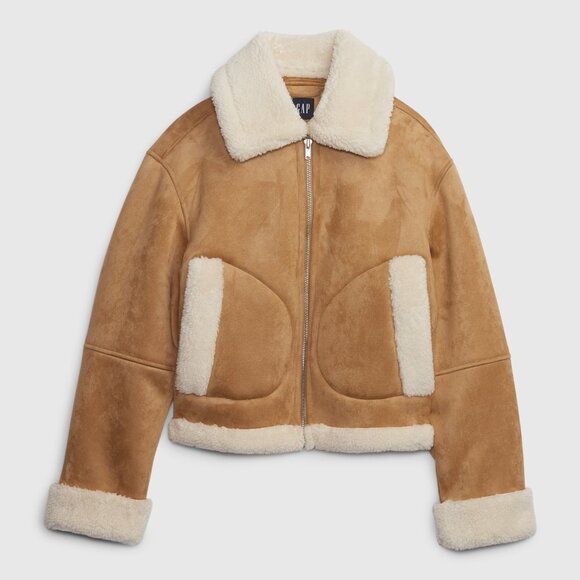 GAP Faux Suede Sherpa Bomber Jacket - Picture 1 of 7